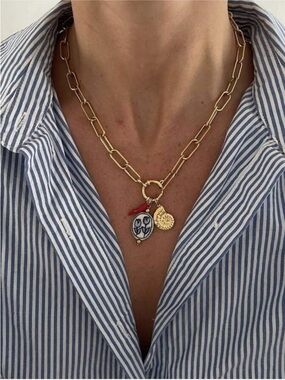 New! Blue Oil Drip Porcelain Charm Gold Paperclip Chain Necklace (1056) NWOT